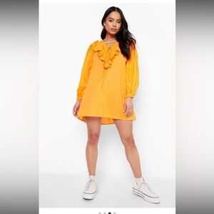 NWT BOOHOO Petite‎ Cotton Ruffle Lace Up Smock Dress Orange US 4